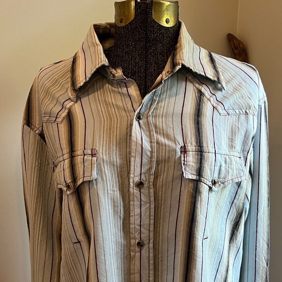 7 Diamonds Blue Striped Snap Pearl Western Cowboy Wrinkled Look Shirt Vintage L - Picture 1 of 8